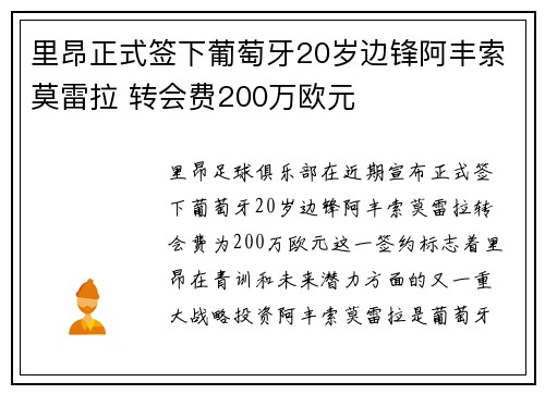 里昂正式签下葡萄牙20岁边锋阿丰索莫雷拉 转会费200万欧元